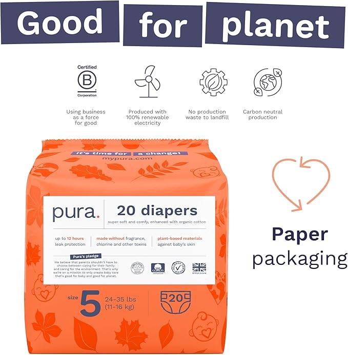 Pura Size 5 Eco-Friendly Diapers (24-35 lbs) Totally Chlorine Free (TCF) Hypoallergenic, Soft Organic Cotton, up to 12 Hours Leak Protection, Allergy UK, 3 Packs of 20 (60 Count)