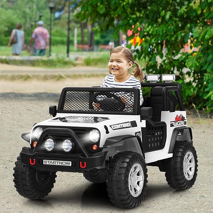 Costzon 2-Seater Ride on Truck, 12V Battery Powered Electric Vehicle w/Remote Control, 2 Speeds, Spring Suspension, LED Light, Horn, Music/ MP3, 2 Doors Open, Ride on Car for Kids (White)