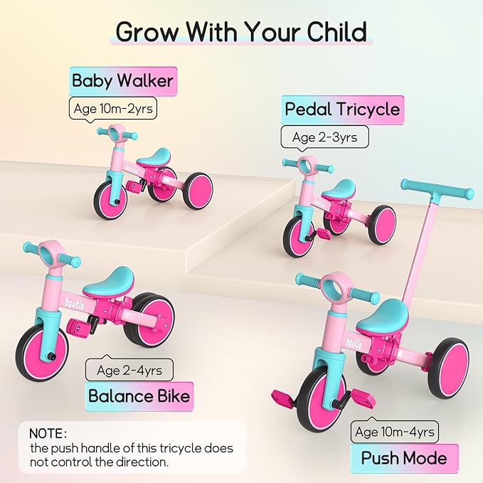 Kids Tricycle with Push Handle for Toddlers 1-4 Years Old Boys Girls Gift, 5 in 1 Baby Balance Bike for Toddlers 1-3 with Removable Pedals (No Parent Steering Version)