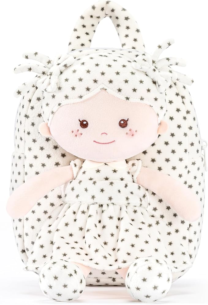 Onetoo Toddler Backpack for Girls 9” – Soft Plush Baby Doll Backpack, Cute Star Dress Stuffed Toy Bag, Perfect Birthday Christmas Gift for Kids, Preschool, Travel & Back to School