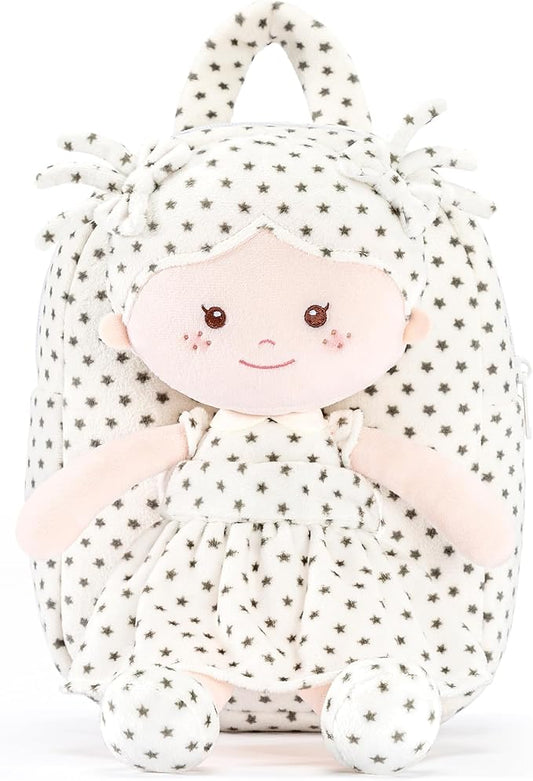 Onetoo Toddler Backpack for Girls 9” – Soft Plush Baby Doll Backpack, Cute Star Dress Stuffed Toy Bag, Perfect Birthday Christmas Gift for Kids, Preschool, Travel & Back to School