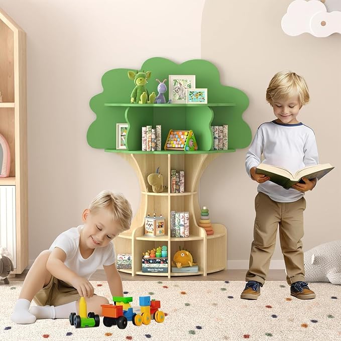 Tree Kids Bookshelf, Fun and Sturdy 5-Tier Wooden Book Organizer, Montessori Nursery Book Shelf for Toddlers, Kids Room and Playroom