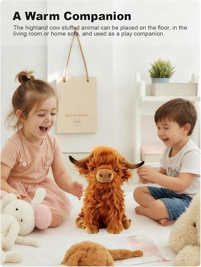 Highland Cow Fluffy Stuffed Animal, 10" Adorable Realistic Plush Toy Soft Cute Cow Plushie Home Decor Gift for Boys Girls Kids Teens Adults, Brown