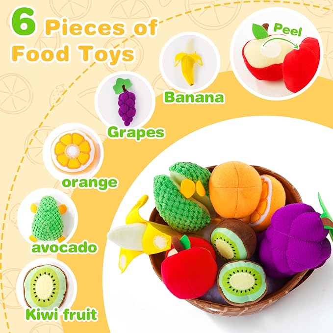 Play Food for Toddler 1-3, Plush Pretend Food Set with Sorting Fruit Basket, Baby Sensory Toys 6-12 Months, Montessori Learning Early Educational Toy for Infants, Gifts for 1 Year Old Boy Girl