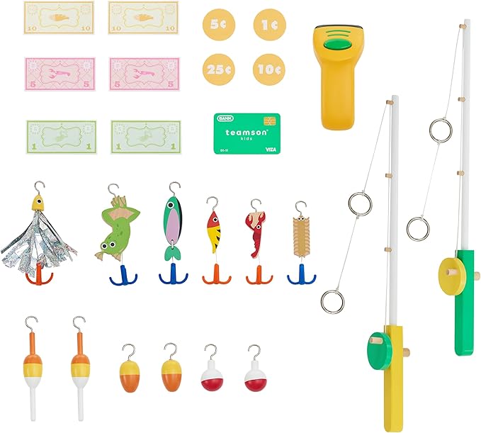 Teamson Kids Fishing Shop Playset with Cash Register & Scanner, Wooden Role Play Counter for Toddlers, Pretend Market Toy with Fish & Accessories, STEM Gift for Ages 3+