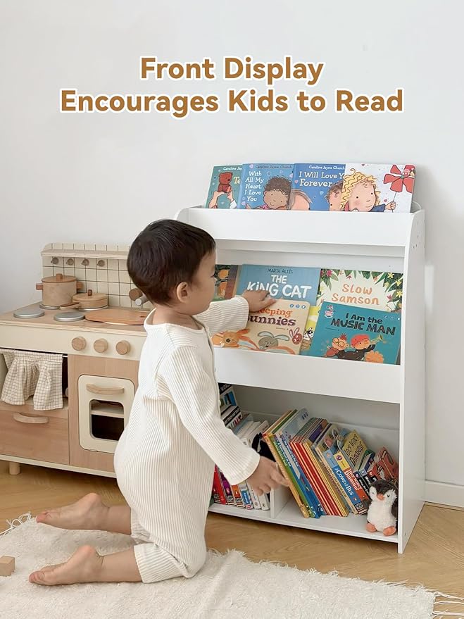 Wooden Kids Bookshelf and Toy Storage, 3-Tier Montessori Book Display Shelf for Toddler Kids Room, Nursery, Playroom, Classroom, White
