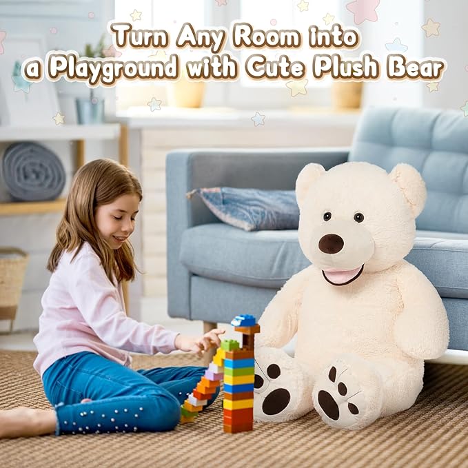 MorisMos Giant Teddy Bear, 39inch Large Stuffed Animals with Big Footprints Plush Stuffed Bears Gifts for Kids, Beige