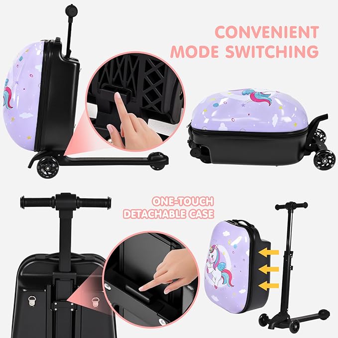 smilesun 4-in-1 Detachable Scooter Suitcase for Kids & Teenagers, Lightweight Hardside Ride-On Suitcase, Foldable Design, Perfect Travel Gift for Girls (Purple, 22-inch)