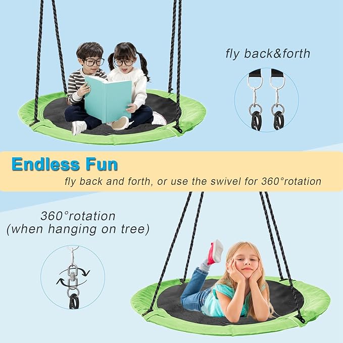 43 inch Saucer Tree Swing for Kids,Flying Round Swing Heavy Duty, Waterproof and All-Weather Resistant Textilene,Swivel,Adjustable Strong Ropes,Easy to Install,Outdoor Playground Backyard