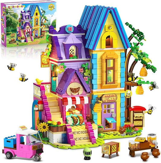 HOGOKIDS Beekeeping & Bakery House Building Toy with LED Light - 1084PCS Friends Girls Baking Building Set with Honey Workshop, Pretend Play Birthday for Kid Girls Boys Ages 8-12+ Years