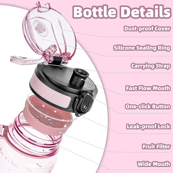 OLDLEY 32 oz Water Bottle, Motivational Water Bottle with Time Marker, Sports Water Bottle With Strap, Leakproof & BPA Free Large Water Bottles for School, Gym, Travel, Tritan, Transparent Pink