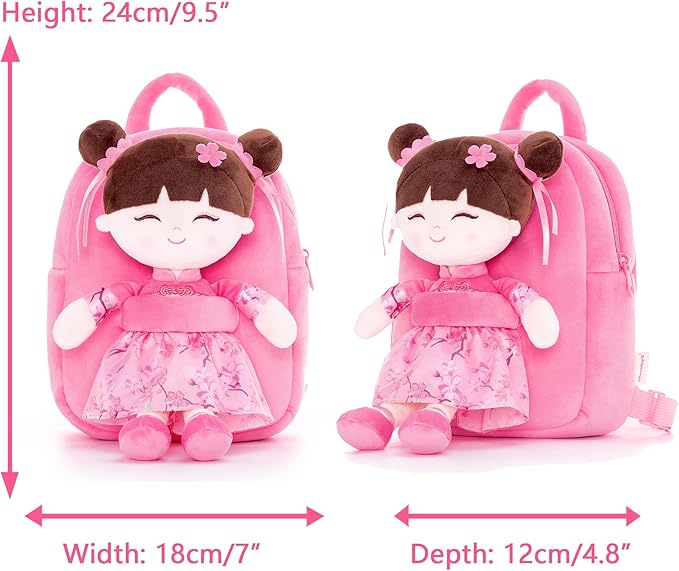 Gloveleya Back to School Gifts for Girls Kids Backpack Toddler Backpack Soft Plush Asian Girl Doll Backpacks Pink 9"