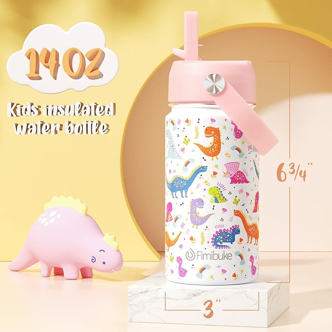 Fimibuke Kids Insulated Water Bottle, 14oz BPA FREE 18/8 Stainless Steel Travel Tumbler Double Wall Vacuum Leak Proof Kids Cup with Straw Metal Bottle for School Boys Girls(1 Pack, WHITE DINOSAUR)
