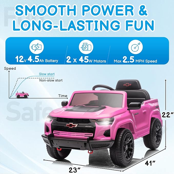 Winado Licensed Chevrolet Colorado Electric Car for Kids, 12V Ride on Toys for Toddlers with Remote Control, Battery Powered Electric Car Ride On Vehicle w/Bluetooth, Soft Start, LED Lights - Pink