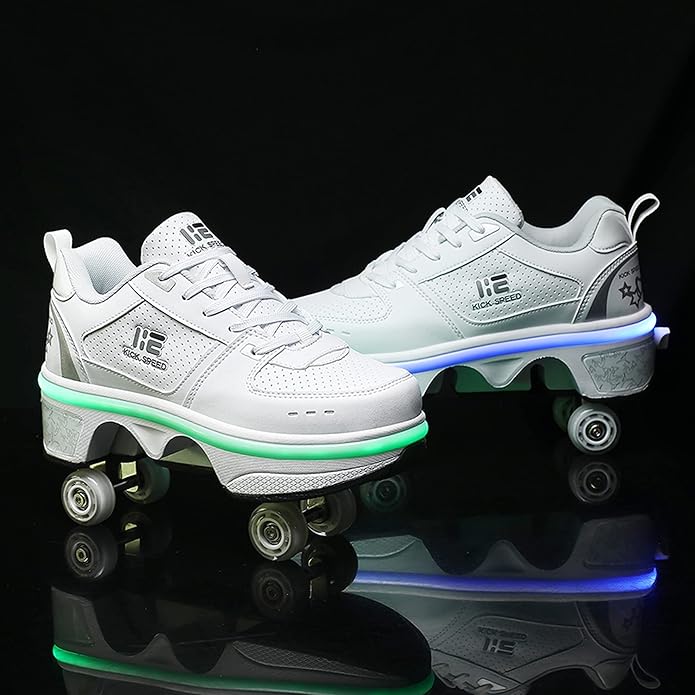 2-in-1 Roller Skates Shoes with Retractable 4 Wheels & Pop-Out Deformation Sneakers Outdoor Sports Skating Shoes for Girls Boys