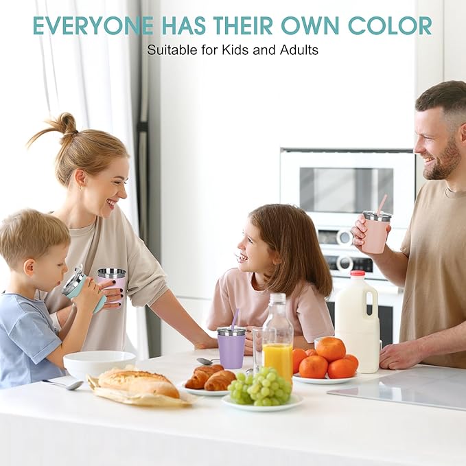 Kids Cups Spill Proof, 4 Pack 12oz Stainless Steel Toddler Cups with Straws and Lids, Sippy Cup with Silicone Sleeves, Kids Cups for School Home