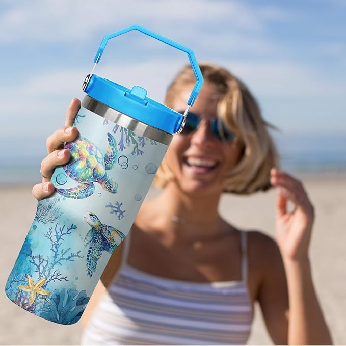 30 Oz Sea Turtle Tumbler with Handle Lid and Flip Straw,Double Wall Vacuum Stainless Steel Watercolor Ocean Turtle Cup,Water Bottle,Travel Coffee Mug,Hawaiian Sea Turtle Decor,Accessories