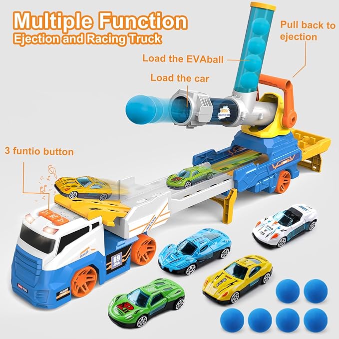 Dwi Dowellin Truck Toys for Kids, 28" Large Car Toys Include 4 Racing Cars+6 Ball, with Light & Sounds, Eejection&Shooting Transport Cars Toy, Gifts for Boys Girls 3-12 Year Old-Blue