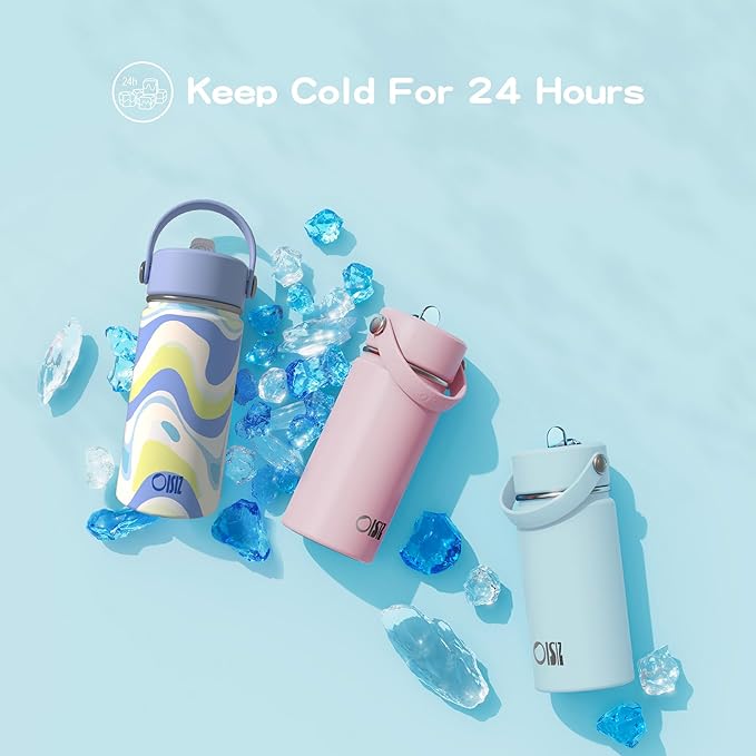 OISIZ Kids Water Bottle with Straw Lid 14oz, Vacuum Insulated 316 Stainless Steel Water Bottles for Kids for School, Leakproof Water Bottle, BPA Free and Keep Cold for 24 Hours