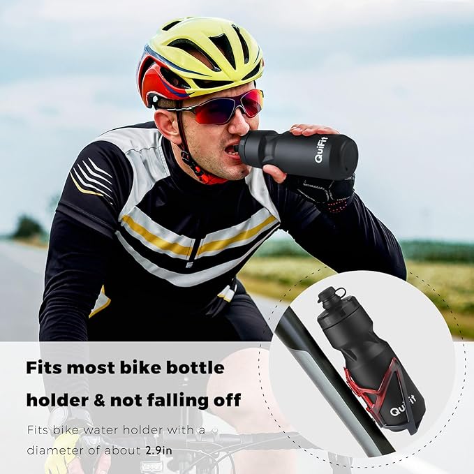 QuiFit Bike Water Bottle 2-Pack, 24oz Squeeze Bottles BPA Free, Leak Proof, Reusable Sport Jug with Dust Cover, Fit Most Bike Holders, for Cycling, Gym, Camping, Hiking(Black+Black, 24oz)