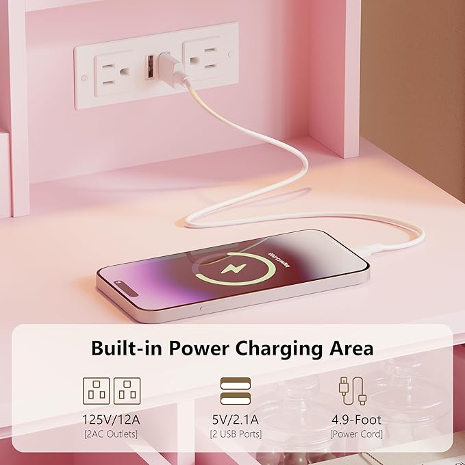 43'' Makeup Vanity with Mirror and Lights, Farmhouse Vanity Desk with Drawers & Charging Station, 3 Lighting Modes & Adjustable Brightness, Glass Cabinet, Dressing Table for Bedroom, Pink