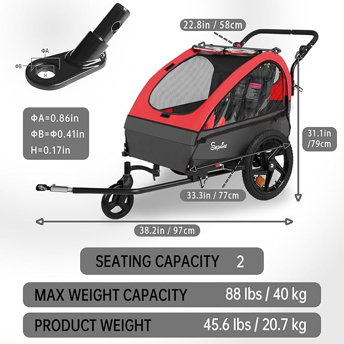 Sepnine Kids Bike Trailer, 2 in1 Canopy Carrier Converts to Stroller Suitable for 1 to 2 Kids, 12+ Months, Quick Attach to Bike, Foldable, with 5-Point Harness and Storage Bags