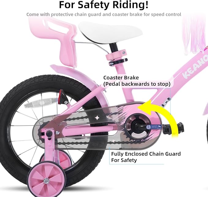 KEANO Zinnia 14 16 20 Inch Kids Bike for Girls Ages 3-10 Years, Girls' Bikes with Training Wheels, Streamers, Basket and Doll Seat, Children Bicycles