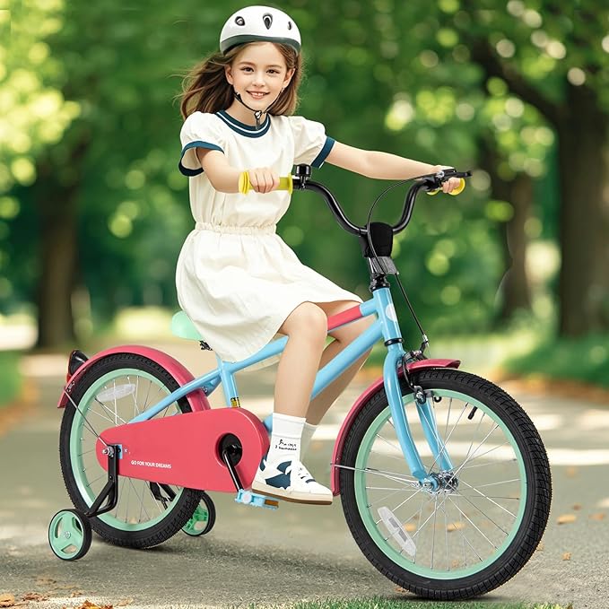 BABY JOY Colorful Macarons Kids Bike, 12 14 16 18 Inch Sporty Children's Bicycle with Training Wheels, Adjustable Handlebar & Saddle, Handbrake & Coaster Brake, Boys Girls Bike for 3-8 Years Old