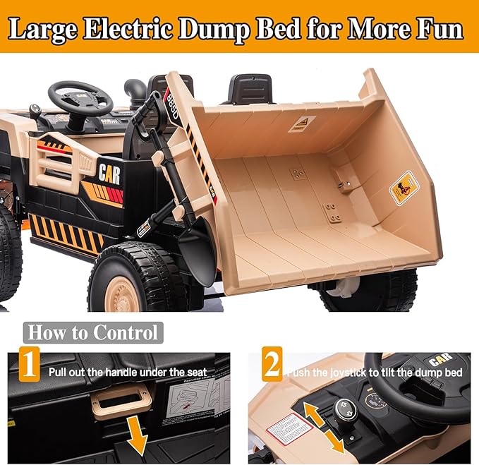 24V 4WD 2-Seater XL Kids Ride on Truck Electric Toy Car with Electric Dump Bed, Parents Remote Control Kids Car Tractor Toys Ride-on Dump Truck for Boys and Girls Ages 3+, Khaki
