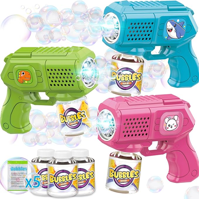 Bubble Guns with Bubble Solution- 3 Pack, Bubbles Gun, Blaster, Blower, Maker, Machine for Boys Girls, Birthday Gifts for Ages 3 4 5 6 7 8 Year Old Kid, Outdoor Toys for Toddlers, Party, Wedding