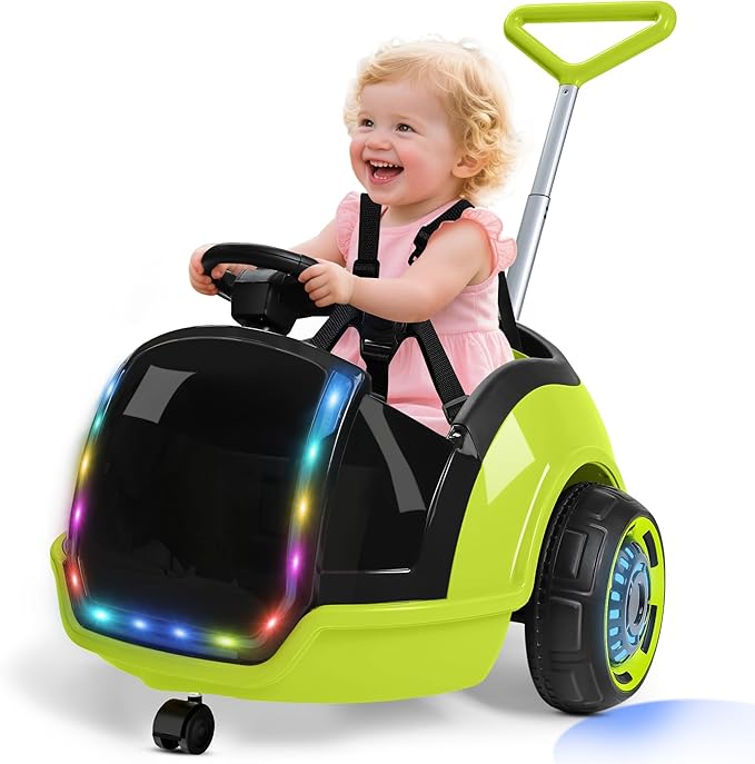 ANPABO 3-in-1 Electric Push Ride On Car, 12V Kids Ride On Toy w/Remote Control, 360° Spin, 5-Point Safety Belt, Colorful LED Light, Music Player, Push Car for Toddler Ages 1-3 (Green)