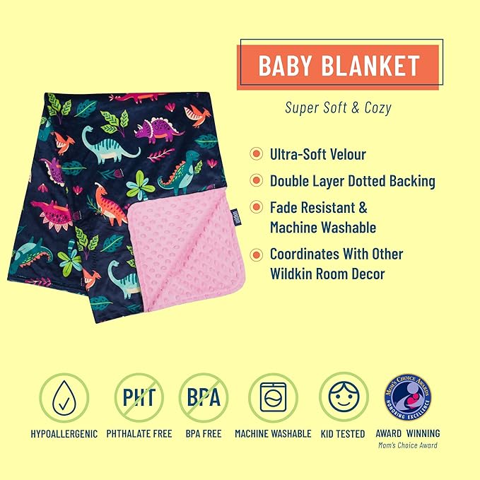 Wildkin Plush Baby Blanket – Soft & Cozy Comfort, Ideal for Toddlers, Travel & Daycare - Darling Dinosaur