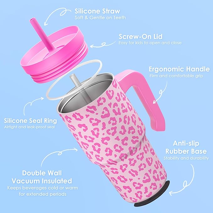 Leopard Print Kid 20oz Tumbler with Handle and Silicone Straw Lid, Insulated Stainless Steel Cup, Gift for Kids Girls, Gifts Idea for Birthday Christmas Back to School