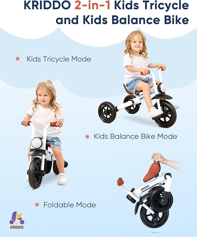 KRIDDO 2-in-1 Kids Balance Bike and Kids Tricycle for 2 to 5 Year Old, Toddler Balance Bike with Detachable Pedals, Tricycles for 3-5 Year Olds with Stitched Soft Grip, White