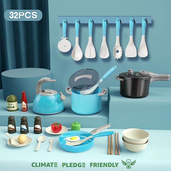 Bruvoalon 32Pcs Kids Play Kitchen Toys Set, Toddlers Pretend Cooking Playset Acccessories with Pots Pans, Utensils Cookware, Foods, Canned Veges, Learning Gift for Kids Girls Boys (Turquoise)