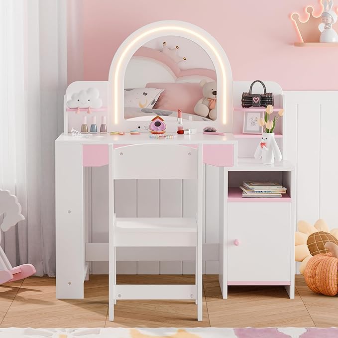 MU Kids Vanity with Lights, Princess Makeup Vanity Desk with Open Bookshelf, Storage Cabinet & Shelves, 2 in 1 Toddler Vanity Table & Chair Set with Lighted Mirror for Little Girls (White)