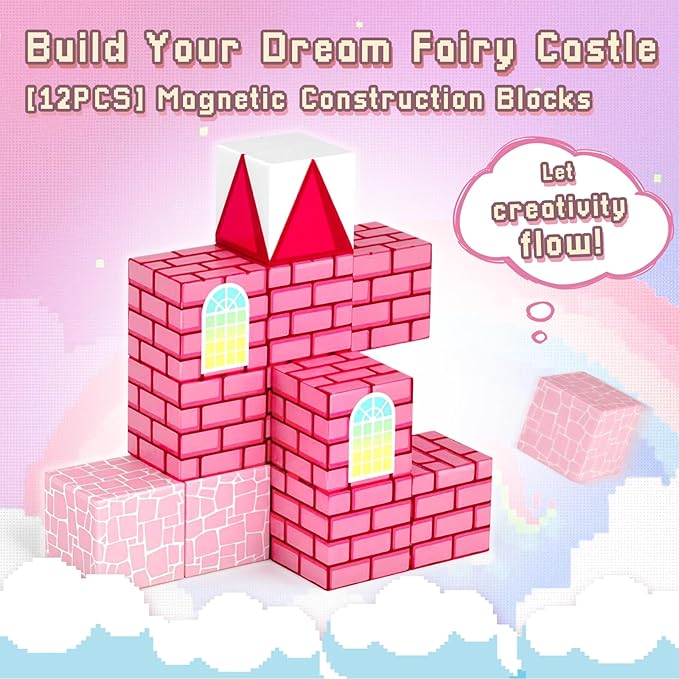 3 otters 12PCS Magnetic Building Blocks, STEM Learning Toys Magnetic Cube Kids Travel Activities with Storage Box for Girls Boys Birthday Christmas Party Gift (Castle)