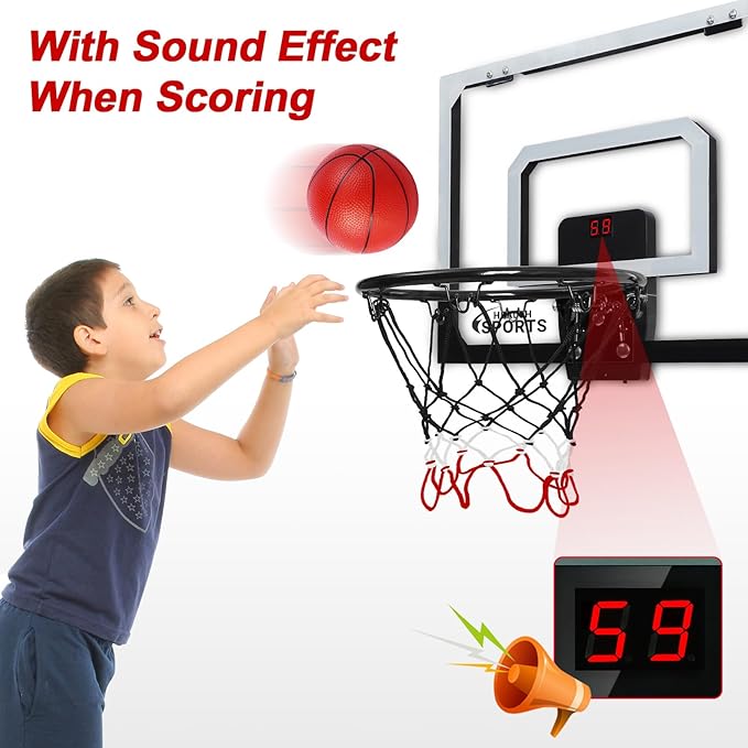 AOKESI Indoor Basketball Hoop for Room with Electronic Scoreboard - 17" x 12.5" Mini Over The Door Basketball Toys Gift for 5 6 7 8 9 10 11 12 Year Old Boys, Men and Adults