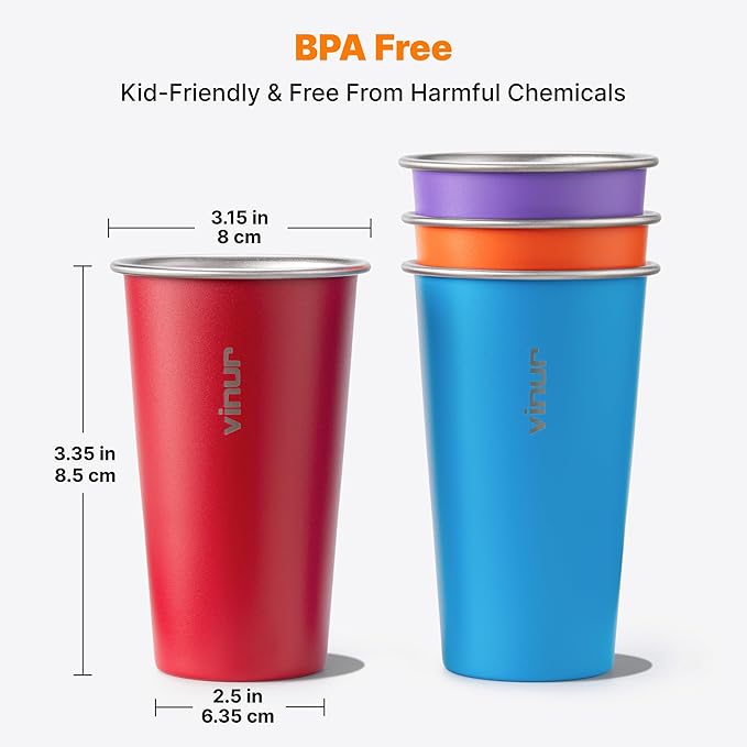 VINUR 20 oz Stainless Steel Cups 4 Pack Pint Tumbler Stackable Metal Drinking Glasses for Travel, Camping, Outdoors (Purple-Orange-Sky Blue-Canyon Red)