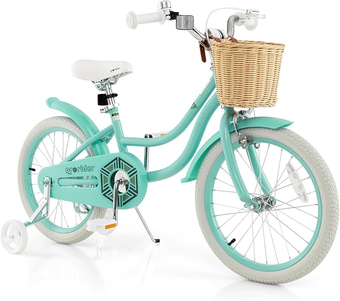 BABY JOY Kids Bike, 14 16 18 Inch Retro Kids Bicycles for 3-8 Years Old Children with Training Wheels, Adjustable Height, Rattan Basket, Handbrake & Coaster Brake, Boys Girls Bike (Pink, Green, Blue)