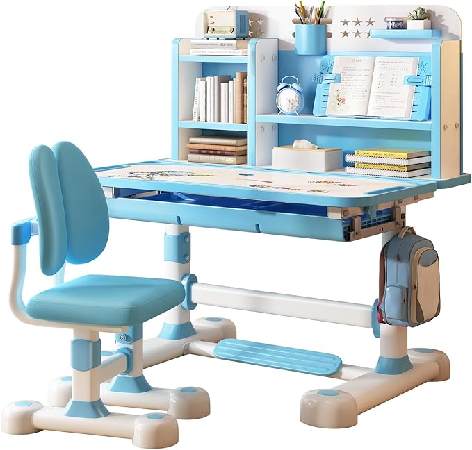 Upgraded Kid's Desk and Chair Set, Adjustable Children's Study Table with Bookshelf and Storage Drawer, 50-Degree Tiltable Desktop with Chair for Bedroom (BlueA 117cm)