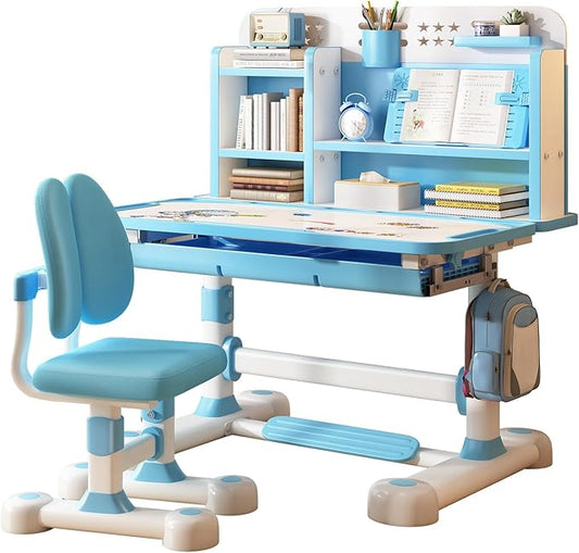 Upgraded Kid's Desk and Chair Set, Adjustable Children's Study Table with Bookshelf and Storage Drawer, 50-Degree Tiltable Desktop with Chair for Bedroom (BlueA 117cm)