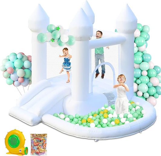 White Bounce House, Inflatable Bounce House with Ball Pit & Slide, Kids Indoor Bounce House Portable Fun House Outdoor Bounce House with Blower for Birthday Party, Wedding Decor