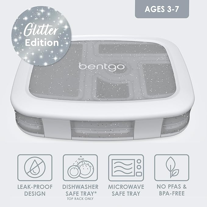 Bentgo Kids 5-Compartment Lunch Box - Glitter Design for School, Ideal for Ages 3-7, Leak-Proof, Drop-Proof, Dishwasher Safe, & Made with PFAS & BPA-Free Materials (Glitter Edition - Silver)
