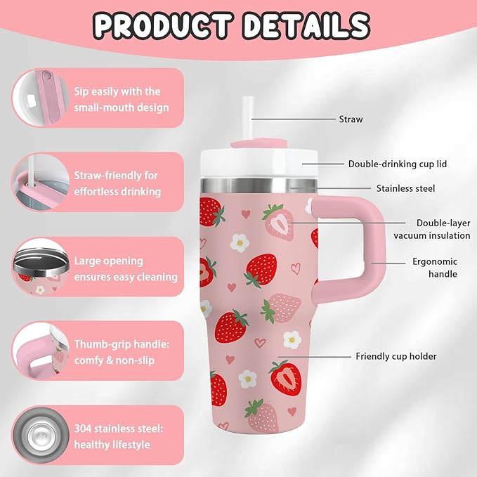 Strawberry Gifts for Girls - 14oz Cute Strawberry Kids Tumbler with Handle and Straw, Stainless Steel Insulated Water Cup, for School, Travel - Strawberries Themed Children Birthday Gifts Cups(1pc)