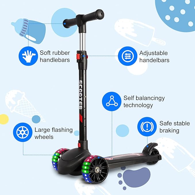 LENOGE Kids Scooter, Toddler Scooter with 3 Flashing LED Big PU Wheels Kick Scooter for Kids Folding Adjustable Height Kick Scooter Toys for Ages 3-6 Boys Girls