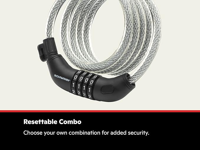 Schwinn Combination Bike Lock in Braided Steel Cable, 6 feet x 12 mm Anti Theft Bicycle Lock, Black, Security Level 3