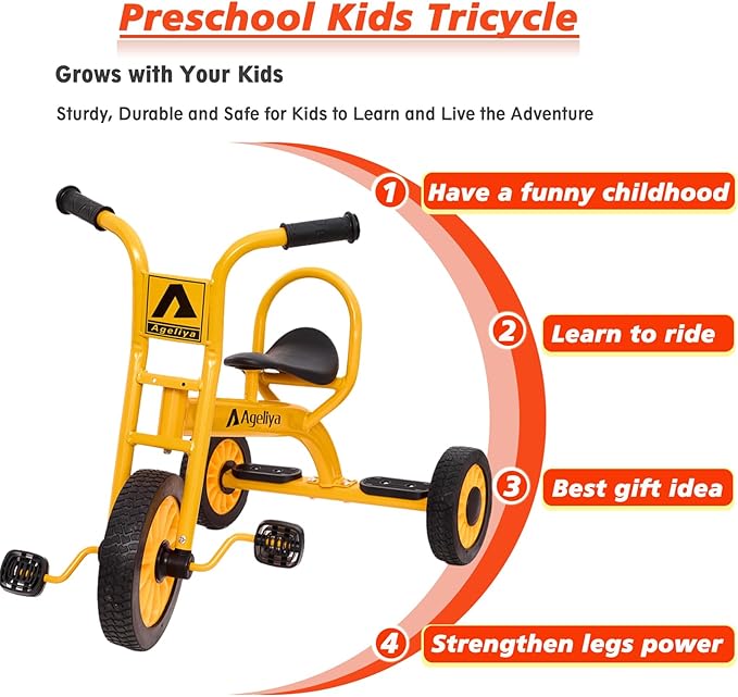 Preschool Kids Tricycle for Rider Age 3-5, Durable Metal Pedal Trike for Boys Girls, Big Kid Tricycle with Non-Slip Grip, Solid Rubber Tires -Outdoor Playschool Daycare Playground Equipment