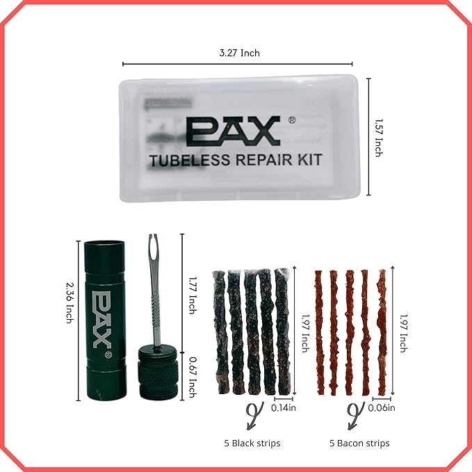 PAX 12 Pcs Tubeless Bike Tire Repair Kit, Includes Storage Canister, Plugger Tool, Plugs-10 Bacon Strips. Fix a Flat Puncture. MTB, Gravel Bike Tires, and Road Bicycle Tires