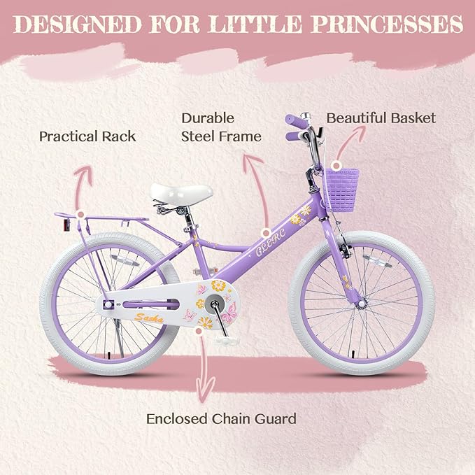 Glerc Sasha Girls Bike, 12-20 Inch Kids Bike for Children Ages 2-13 Years, Kids Bicycle with Doll-Seat & Basket & Training Wheels, Multiple Colors